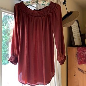CAbi ‘Foxy’ off shoulder copper stunner
